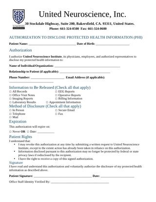 First page of the Authorization to Disclose Health Information form