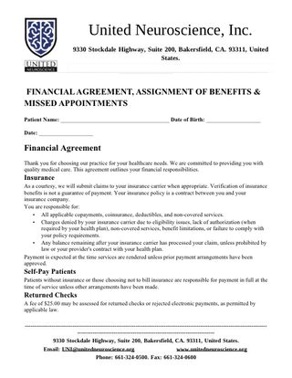 First page of the Financial Agreement & Assignment of Benefits form